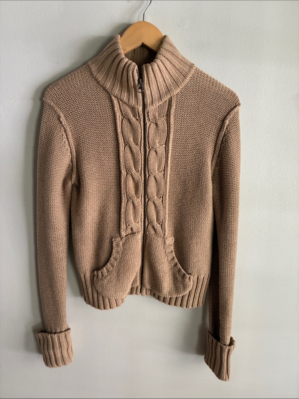 Vintage Y2K Old Navy 100% Cotton Cable Knit Zip Cardigan Sweater Tan Medium